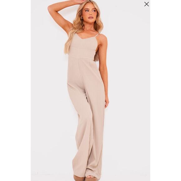 NWT PrettyLittleThing Stone Strappy Textured Backless Wide Leg Jumpsuit US 2 - Picture 1 of 6